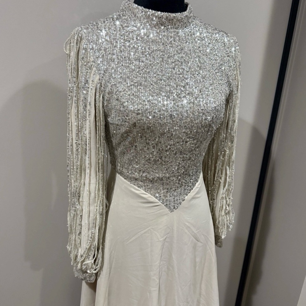 FIDAN Vintage 80s Glam Gown Silver Sequin Bodice w/ Beaded Tassel Sleeves - Picture 2 of 7